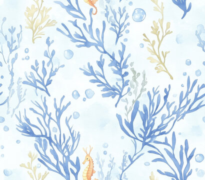 Seamless pattern of watercolor seaweed and seahorses in blue tones, Seamless Pattern Style.
