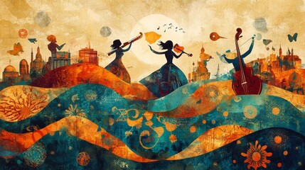 Colorful illustration of musicians playing instruments on vibrant waves with a city skyline backdrop