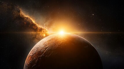 Naklejka premium A captivating view of a rocky planet illuminated by a distant sun, surrounded by swirling cosmic dust.