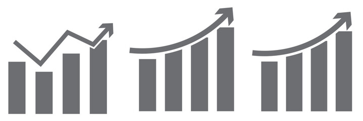 Growing bar graph icon set. Business graphs and charts icons. Statistics and analytics icon. Statistic and data, charts diagrams, down or up arrow.