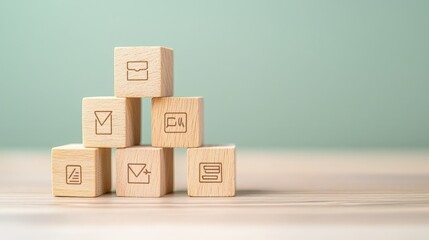 Fototapeta premium Stacked wooden blocks with various icons, symbolizing organization, communication, and productivity, against a soft green background.