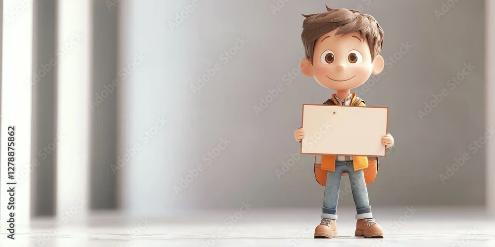 Poster A 3D-rendered character holding a signboard for customizable messages 