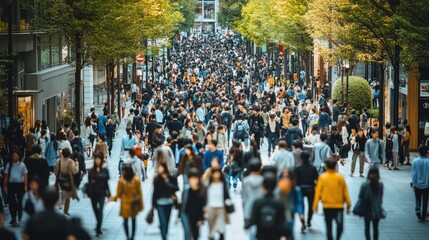 A crowd of diverse individuals strolls along a bustling urban street, showcasing the vibrant life and energy of city living.