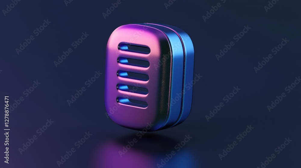 Poster a 3d-rendered podcast icon with metallic accents, floating on a dark background.