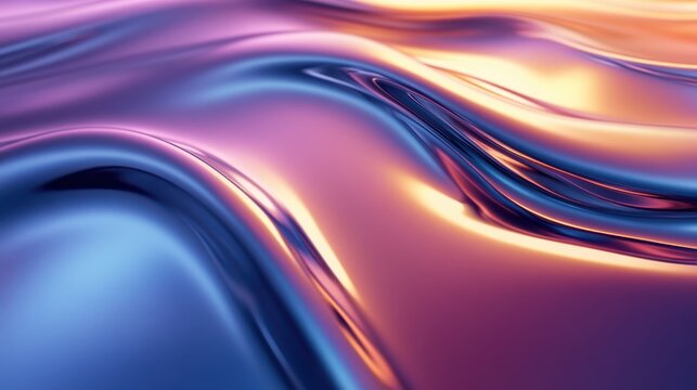 An abstract iridescent background design features shifting, multi-colored hues rendered in three dimensions.