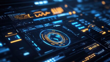 Futuristic Digital Interface Global Network Data Visualization with Orange and Blue Hues