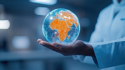 A person in a lab coat holds a glowing globe, showcasing Africa in bright orange, symbolizing global awareness and scientific exploration.