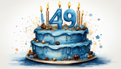 Illustration of decorated blue cake for birthday or anniversary party. Number 49, forty-ninth birthday celebration
