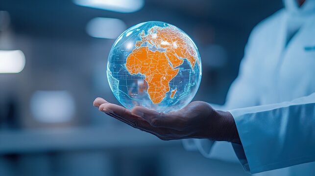A person in a lab coat holds a glowing globe, showcasing Africa in bright orange, symbolizing global awareness and scientific exploration.