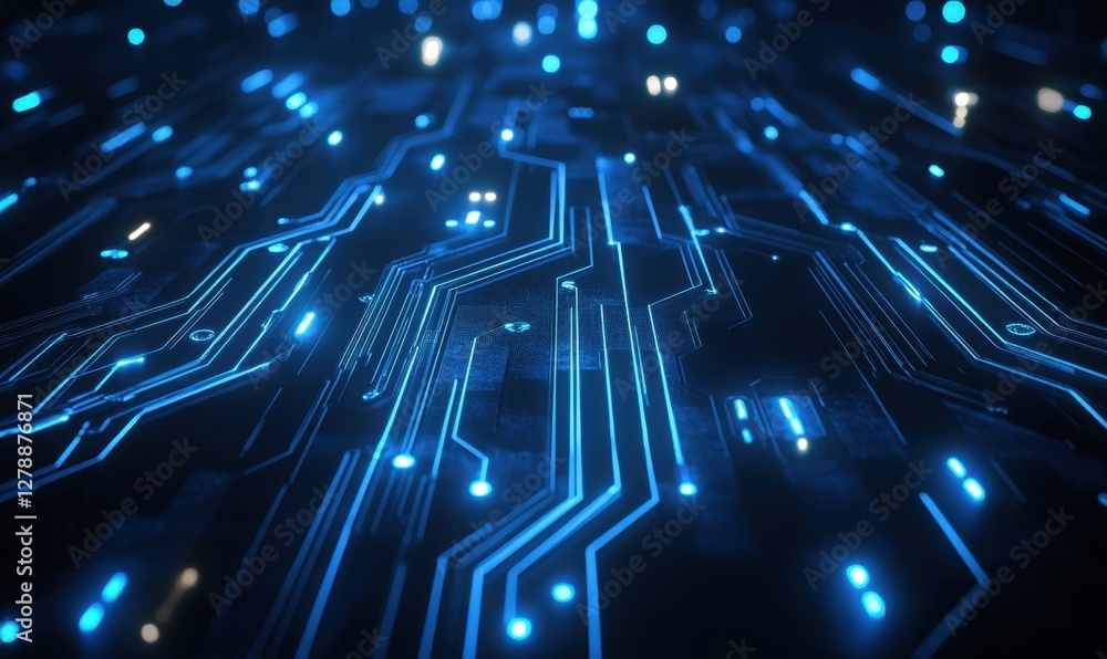 Poster blue circuit board data flow with glowing lines on dark background