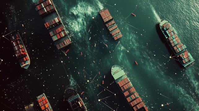 Global shipping network visualized with interconnected lines, container ships at sea. 
