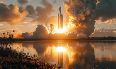 Ariane 6 European Launch Vehicle Liftoff at Sunset for 2024 Mission with Dramatic Sky and Reflective Waterscape