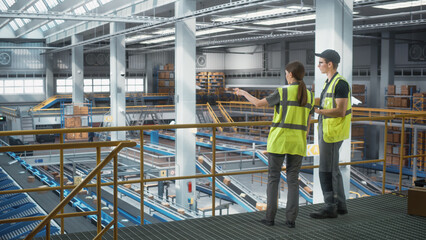 High-Tech Autonomous Sortation Fullfilment Center: Two Associate Operative Specialists Optimize...