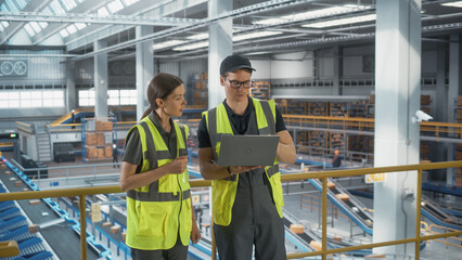 Sortation Fullfilment Center: Supervisor and Manager Talk, use Laptop. Logistics and Transportation...