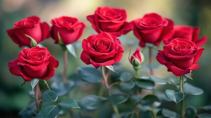 Fototapeta premium A vibrant arrangement of red roses elegantly displayed in a clear vase, showcasing their beauty and freshness.
