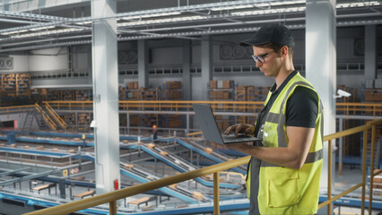 Logistics Transportation Warehouse Facility: Male Associate Worker Uses Laptop, Monitors Facility Automated Operations. Conveyor Loading Product Boxes for Online Shoppping Order Delivery to Customers