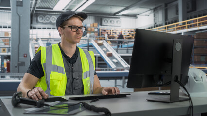 Fototapeta premium Caucasian Male Stocking Associate Checking Inventory On Desktop Computer In Modern Warehouse Facility With Automated Conveyor Belt. Employees Carrying Boxes to Package Products And Deliver to Clients.