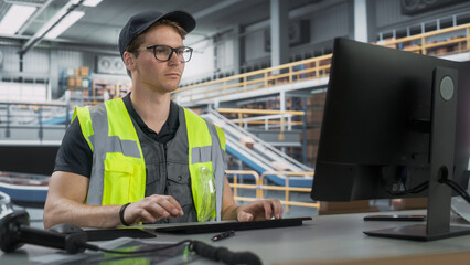 Male Stocking Manager Checking Inventory On Desktop Computer In Warehouse Facility With Automated...