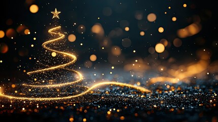 Naklejka premium Luminous festive motifs, a minimalist dark background, a Christmas tree with swirling golden sparkles, a sleek and opulent holiday design, and exquisite simplicity