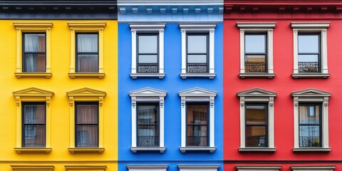 Fototapeta premium A vibrant multicolored building features a row of stylish arched windows, showcasing a unique architectural design that captures attention.