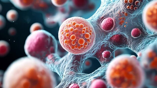 Close-up illustration of cells in a biological structure, showing detailed cell membranes and interconnected networks with vibrant colors, representing a microscopic view of cell biology.