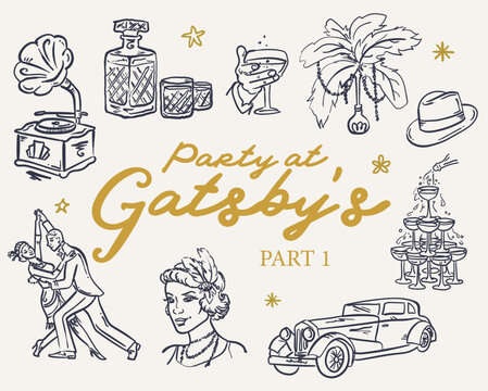 Hand drawn whimsical style Roaring 20s Great Gatsby party illustration set, vector collection