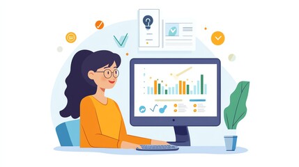 Side view using Computer ofYoung beauty woman studying online language courses to improve her communication skills and career opportunities.