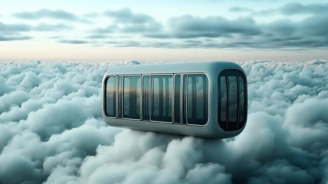 Futuristic aerial pod with large windows floating above clouds in a serene sky setting, showcasing advanced transportation concept in a peaceful environment.