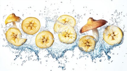 Sliced banana fruit suspended in the air, surrounded by vibrant water splashes, on a plain white background with ample copy space. --ar 16:9 --v 6.1 Job ID: 416c9cc4-7947-4112-ba72-a8ea8c3793c0