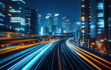 Fototapeta premium Aerial view of a vibrant city illuminated at night, showcasing train tracks weaving through urban landscapes and glowing buildings.