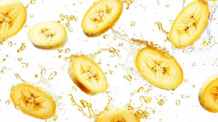 Sliced banana fruit suspended in the air, surrounded by vibrant water splashes, on a plain white background with ample copy space. --ar 16:9 --v 6.1 Job ID: 416c9cc4-7947-4112-ba72-a8ea8c3793c0