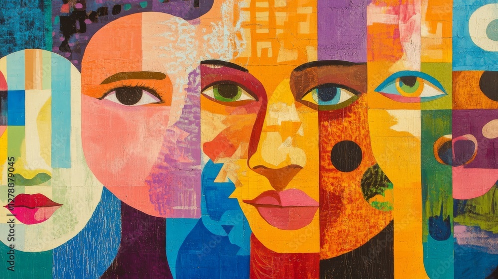 Poster colorful mural featuring abstract faces with vibrant expressions and artistic patterns in background