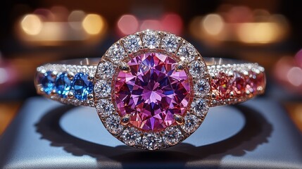Close-up of a pink gemstone ring with a diamond halo and sapphire accents.