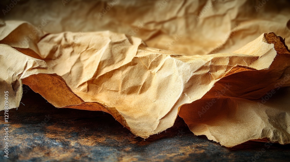 Poster crumpled brown paper texture showcasing intricate folds and shadows on a rustic surface