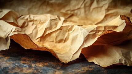Crumpled brown paper texture showcasing intricate folds and shadows on a rustic surface