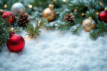Snowy tabletop decorated with glass ornaments and evergreen branches, pinecones, evergreen