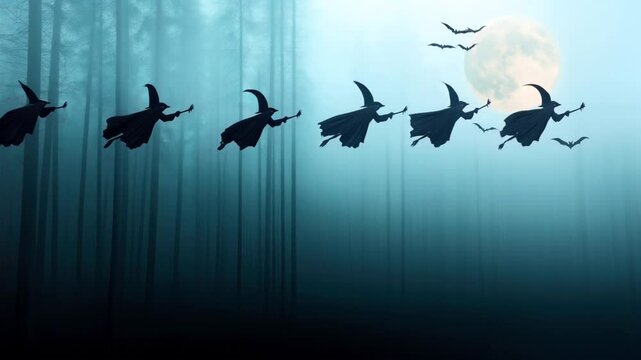 Silhouettes of witches flying on broomsticks alongside bats in a misty forest with a full moon.