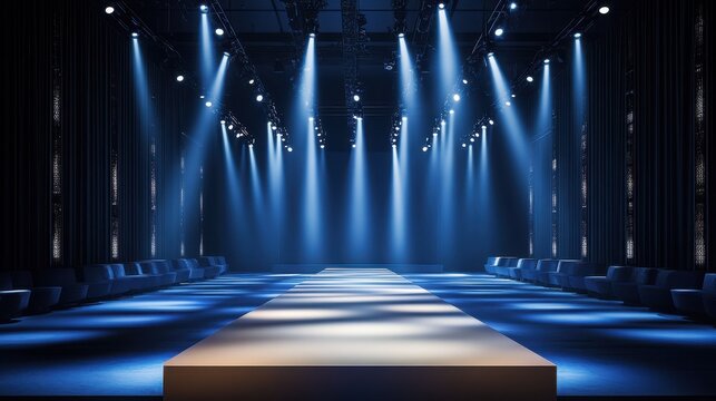 An empty catwalk with numerous spotlights poised above, set against the backdrop of a fashion event.