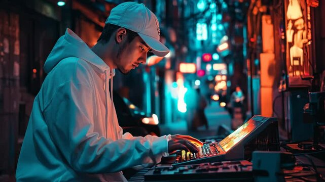 A music producer performing live in an urban cyberpunk setting, mixing beats on a futuristic DJ setup