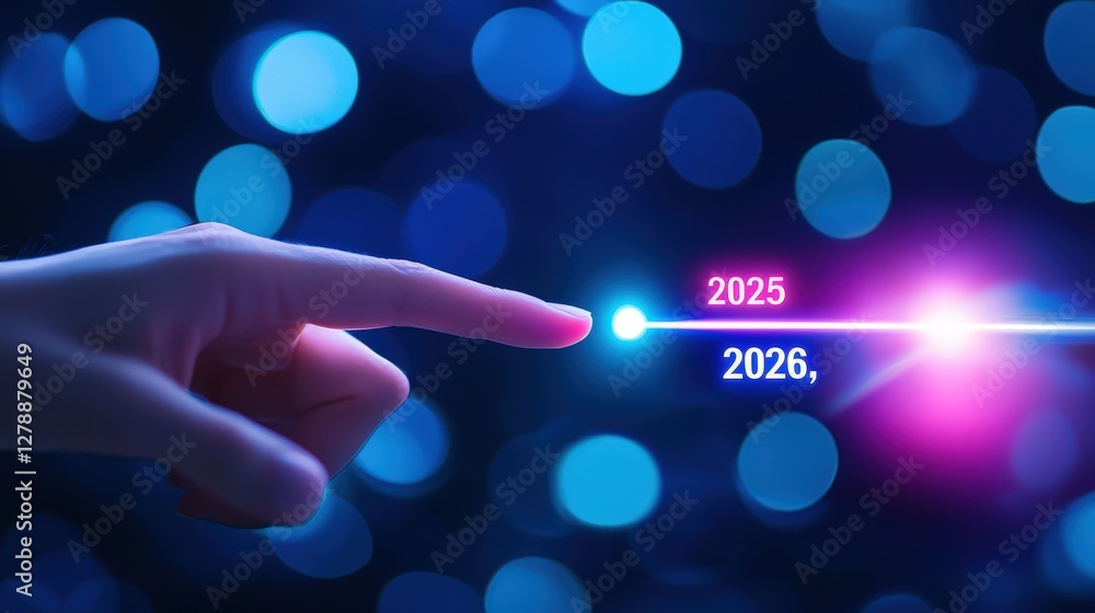 Poster a hand points towards a bright timeline marked 2025 and 2026, set against a backdrop of colorful bok