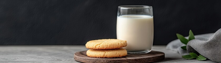 Refreshing Glass of Milk Next to Delicious Cookies on a Wooden Board against a Dark Background
