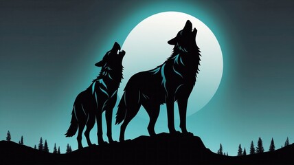 Silhouetted Wolves Howling at the Moon: Nighttime Adventure in Nature