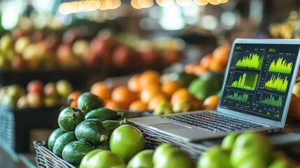 Laptop Displaying Farm Data Analytics Beside Fresh Produce in Market