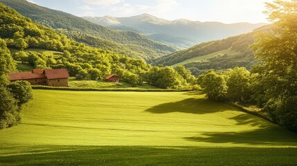 A serene grassy field stretches towards a distant house, framed by majestic mountains under a clear sky, evoking tranquility and natural beauty.