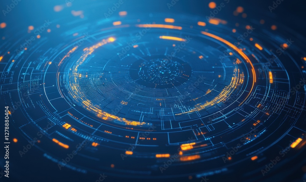 Poster circular digital interface with glowing lines, data visualization
