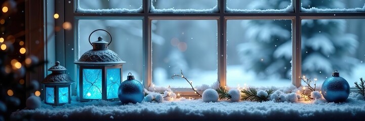 Snowy window with blue lanterns and gray ornaments, holiday decor, Christmas decorations, winter wonderland