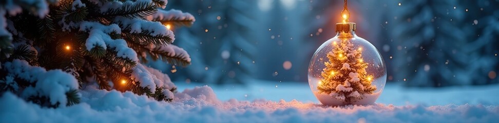 Snowy winter scene with glowing Christmas tree in a bauble suspended above frosty ground, festive atmosphere, twinkling lights,