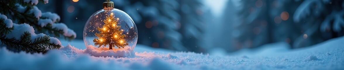 Snowy winter scene with glowing Christmas tree in a bauble suspended above frosty ground, winter wonderland,