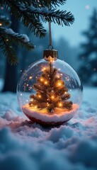 Snowy winter scene with glowing Christmas tree in a metallic bauble suspended above frosty ground, shimmering lights, festive atmosphere