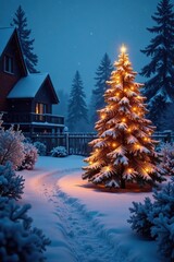 Snowy yard with a lit up Christmas tree and frozen garden, tree, landscape